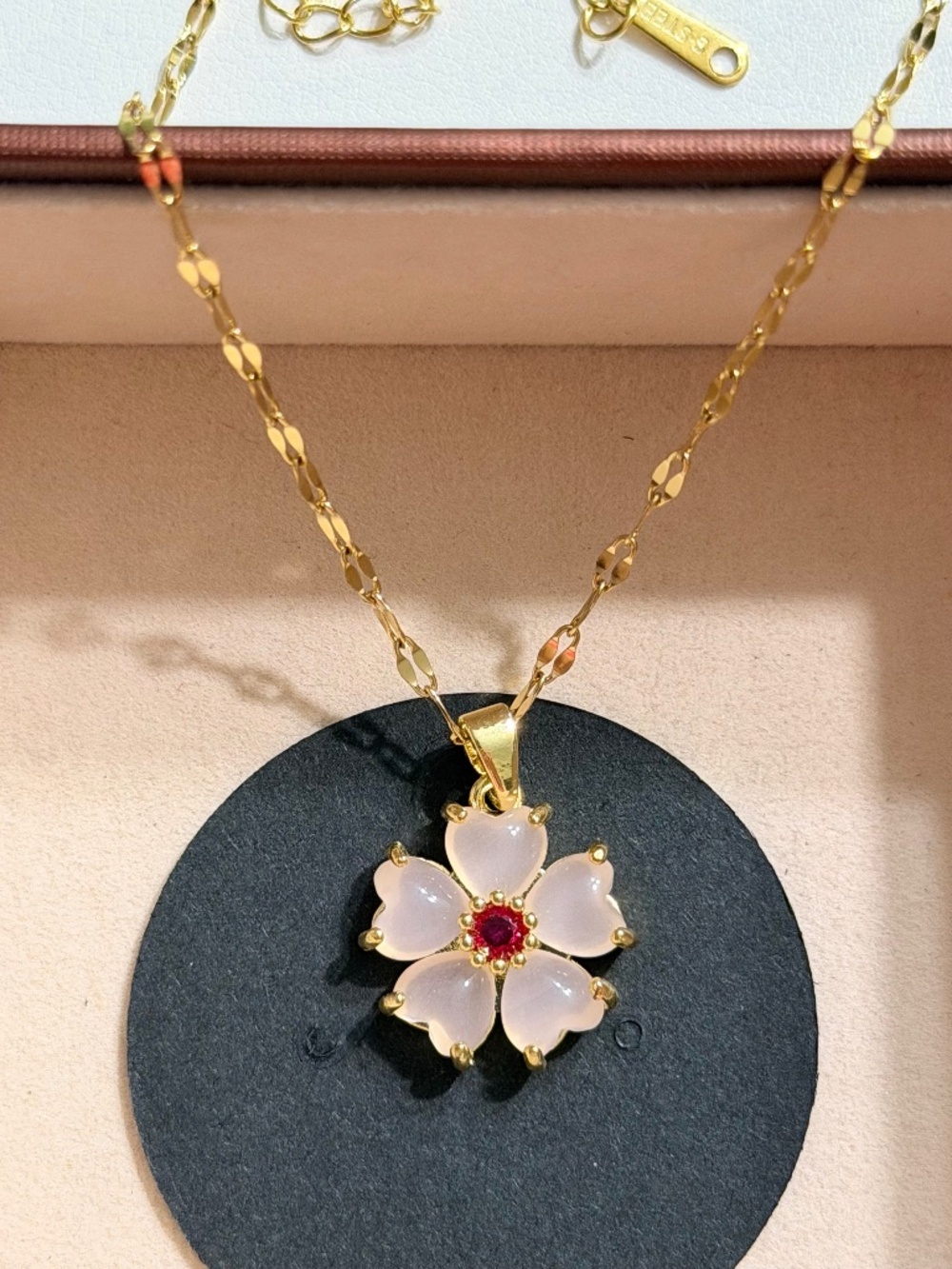 Golden Pink Cherry Blossom Petal Flower Crystal Stainless Steel Stamped Necklace